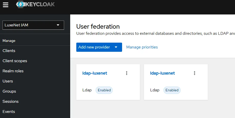 Keycloak fédéré à l'annuaire LDAP de l'entreprise fictive.
