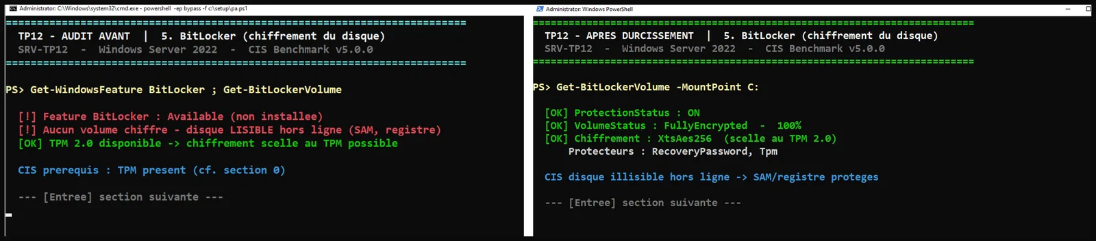 BitLocker : disque en clair, puis chiffré en XTS-AES 256.